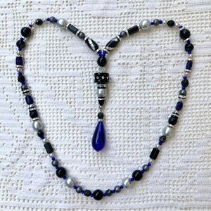 Colbalt blue teardrop pendant necklace  black silver beads